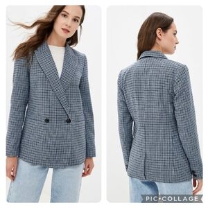 Gap Blue Houndstooth Wool Blend Double Button Girlfriend Blazer Size 12